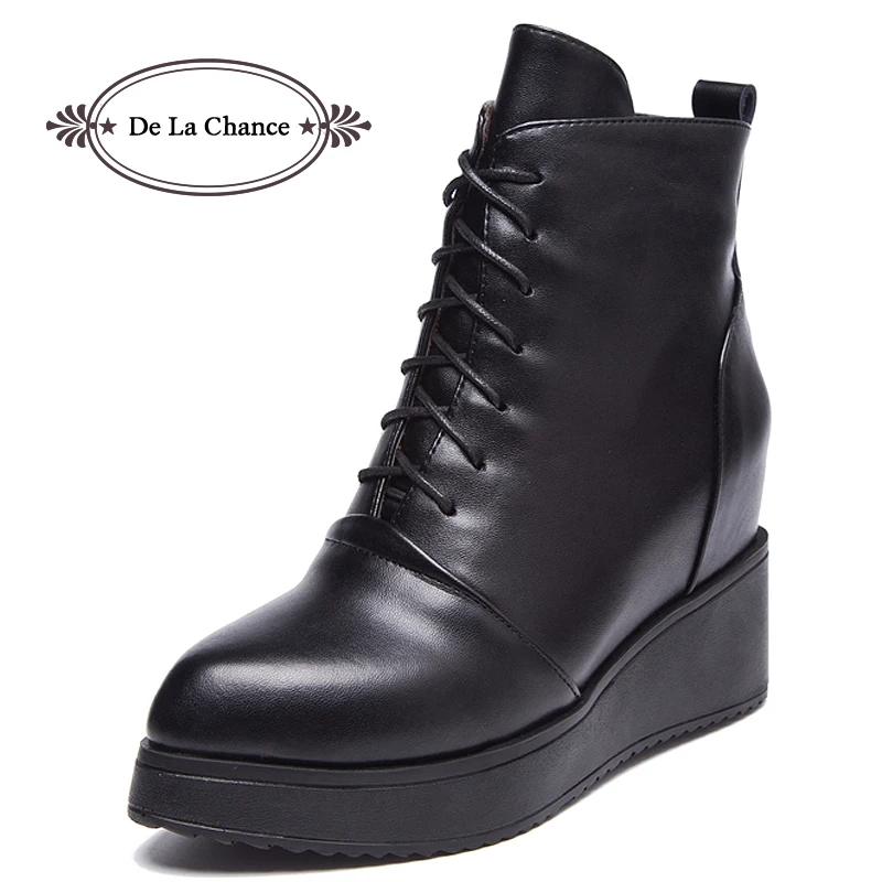 

De La Chance Lace Up Wedge Winter Boots Fashion 2017 Autumn Winter Leather Casual Shoes High Top Women Ankle Boots Motorcycle