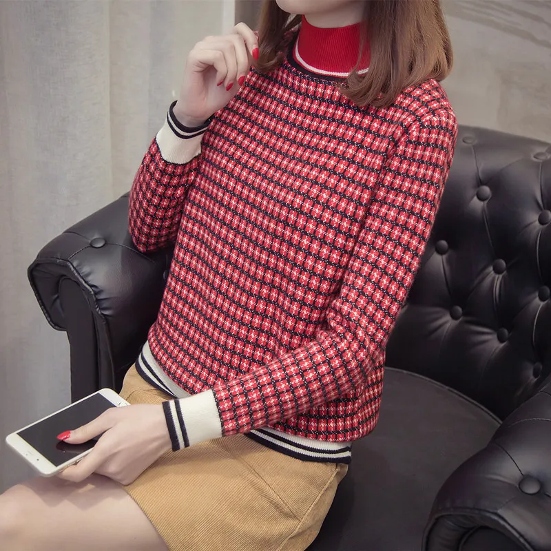 Spring Ladies Sweater 2019 New High Collar Loose Pullover Short Plaid Knitwear Autumn Wild Long Sleeve Bottoming Lj129 | Женская одежда
