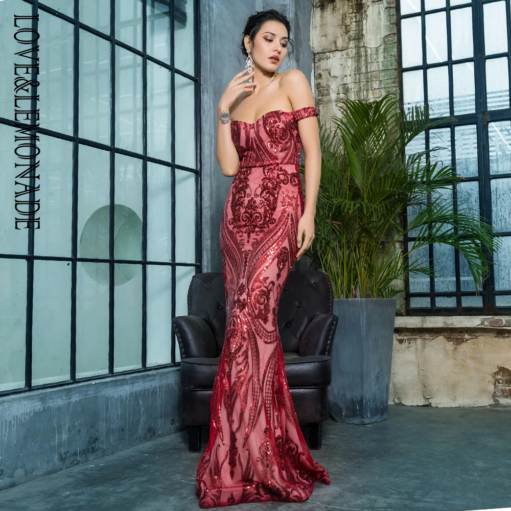 Love& Lemonade с плеча геометрические блестки длинное платье в обтяжку LM81343WINERED