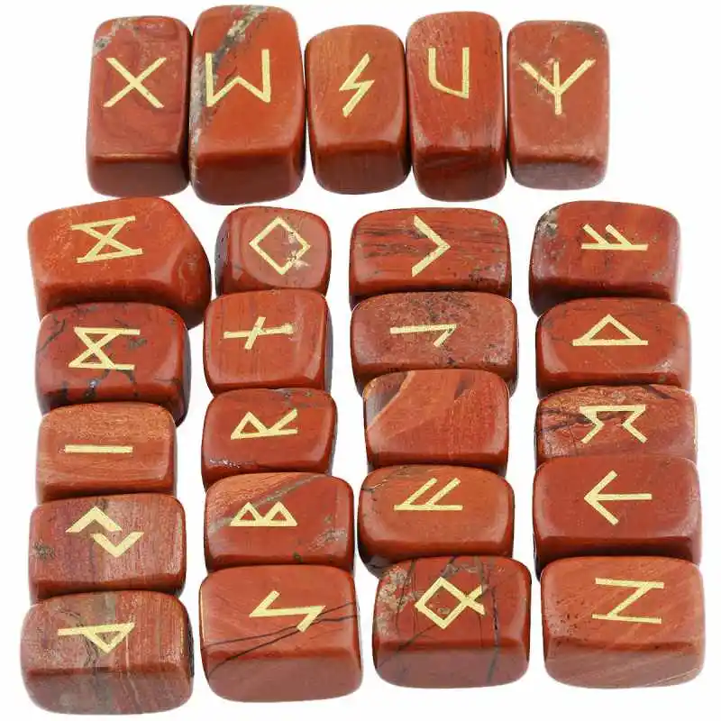 Red Jasper TUMBEELLUWA 25 шт./компл. Руна камни гравировкой Старший ФУТАРК рунические алфавиты Wicca, с украшением в виде кристаллов Исцеление Рейки - Цвет: Red Jasper
