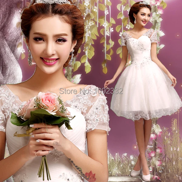 Женское Короткое свадебное платье белое кружевное невесты с коротким рукавом