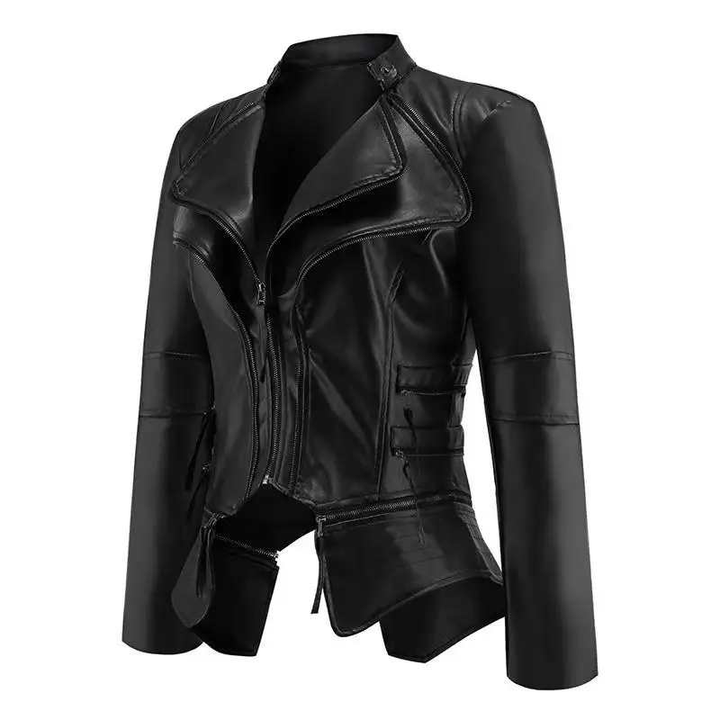 Gothic faux leather Jacket Women  Fashion Black faux leather coats Outerwear Jacket