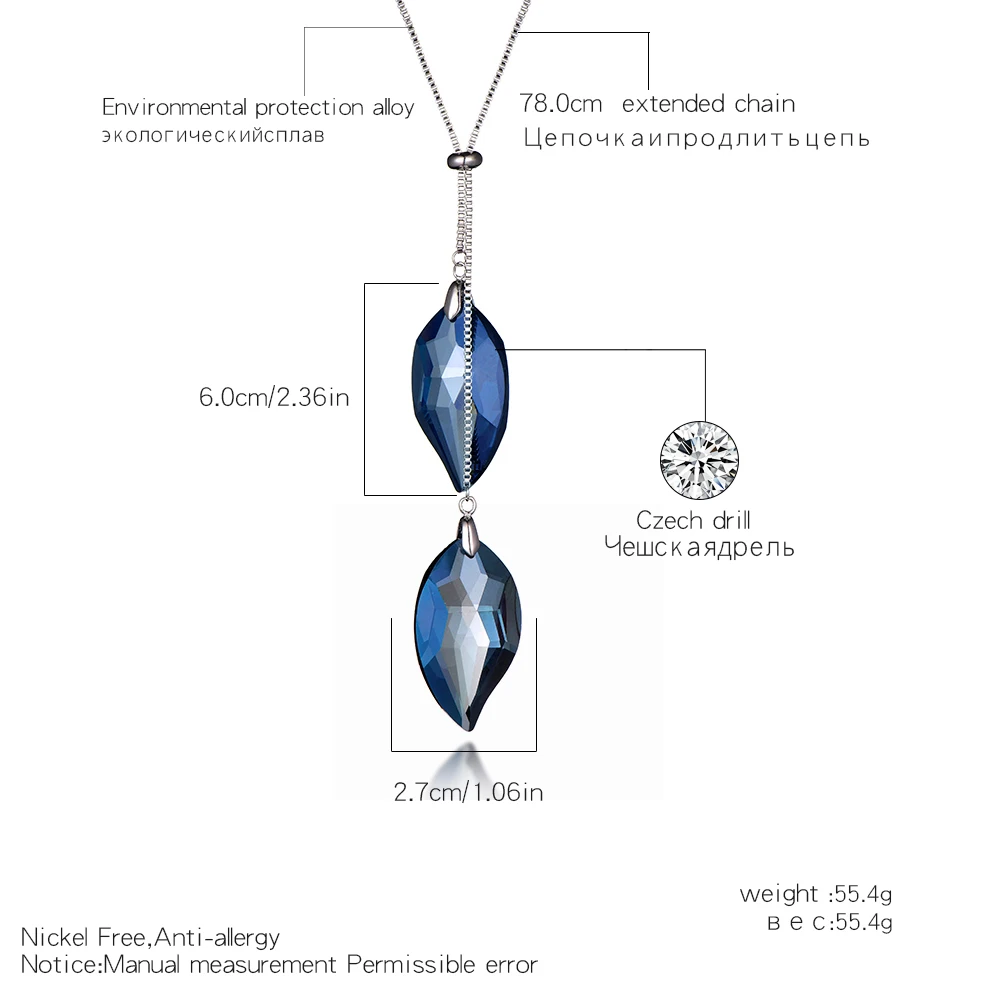 

Big Blue Rhinestone Pendant Necklace for Women Elegant Clear Crystal Long Necklace Sweater Suit Accessory Christmas Party Gift