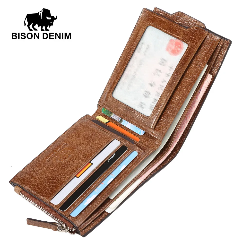 BISON DENIM мужские кошельки из воловьей кожи, мужской кошелек, короткий кошелек для монет, винтажный кошелек на молнии, брендовый дизайнерский тонкий кошелек W4454