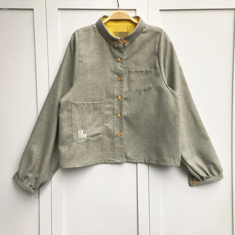 Блузки женские кривые Placket волшебный цвет маленький воротник блузка джинсовая хлопковая осенняя и зимняя с длинными рукавами лацканы