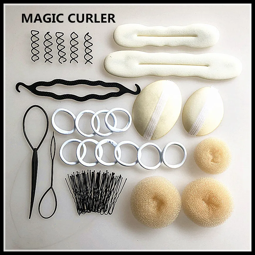 23pcs DIY Magic Hair Braider Sponge Donut Bun Fluffy Pads Spiral Hair Twist Simple Bridal Hair Net Hairstyling Tools Set