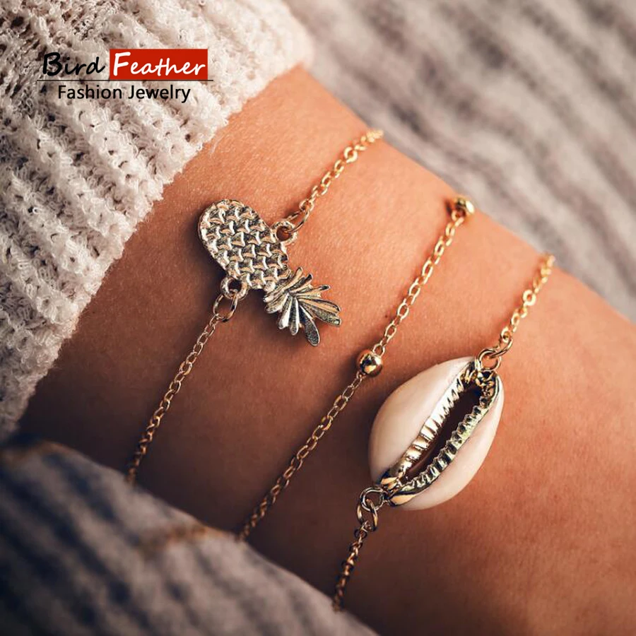 Женский браслет ракушка в виде ананаса ручной работы богемном стиле золотого