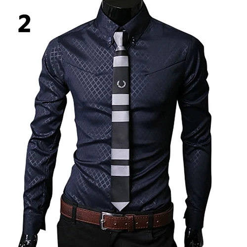 Navy Blue New Argyle luxury men's shirt Business Style Slim Soft Comfort Slim Fit Styles Long Sleeve Casual Dress Shirt Gift For Men - Цвет: Navy Blue