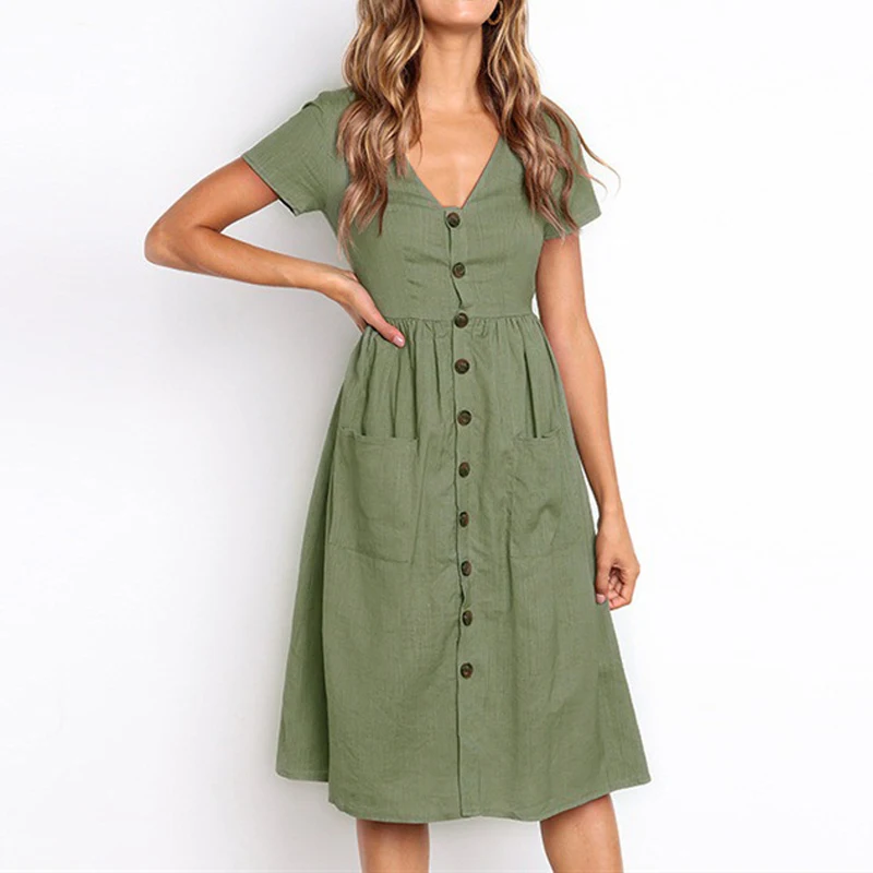 Пляжное платье для женщин Платье До Колена летнее женское на пуговицах спереди с