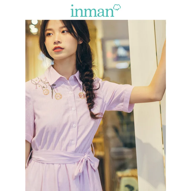INMAN летнее платье с отложным воротником и коротким рукавом вышивкой тонкое