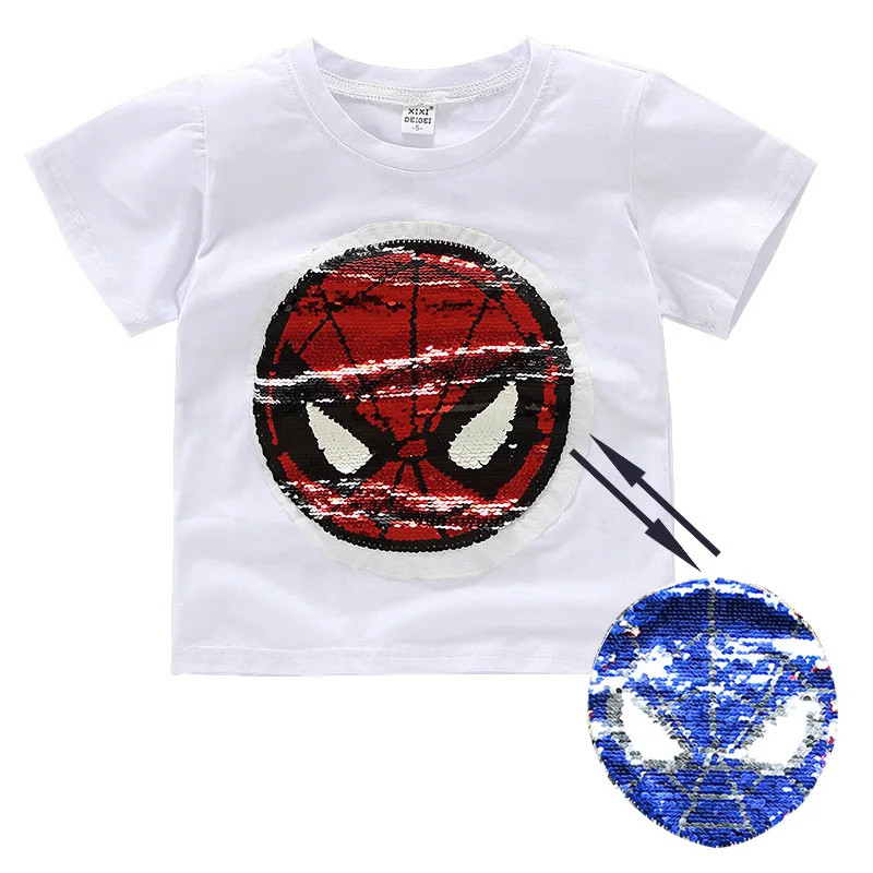 spider white Летняя футболка для девочек, футболка для мальчиков, футболки для малышей, топы для детей, волшебные цвета, блестящий Человек-паук супергерой, сердце, переключаемое с блестками, для детей 2-12 лет - Цвет: spider white