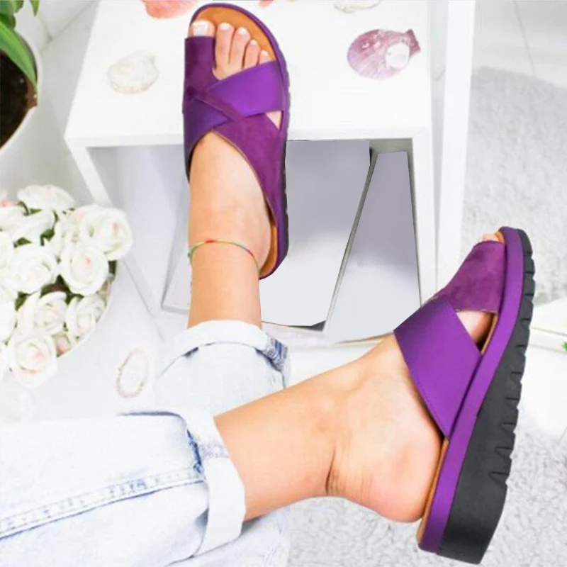 purple Новые летние женские босоножки с большой коррекция носка; вьетнамки на платформе; Туфли на танкетке; модная женская повседневная обувь с перекрестными ремешками; большие размеры - Цвет: purple