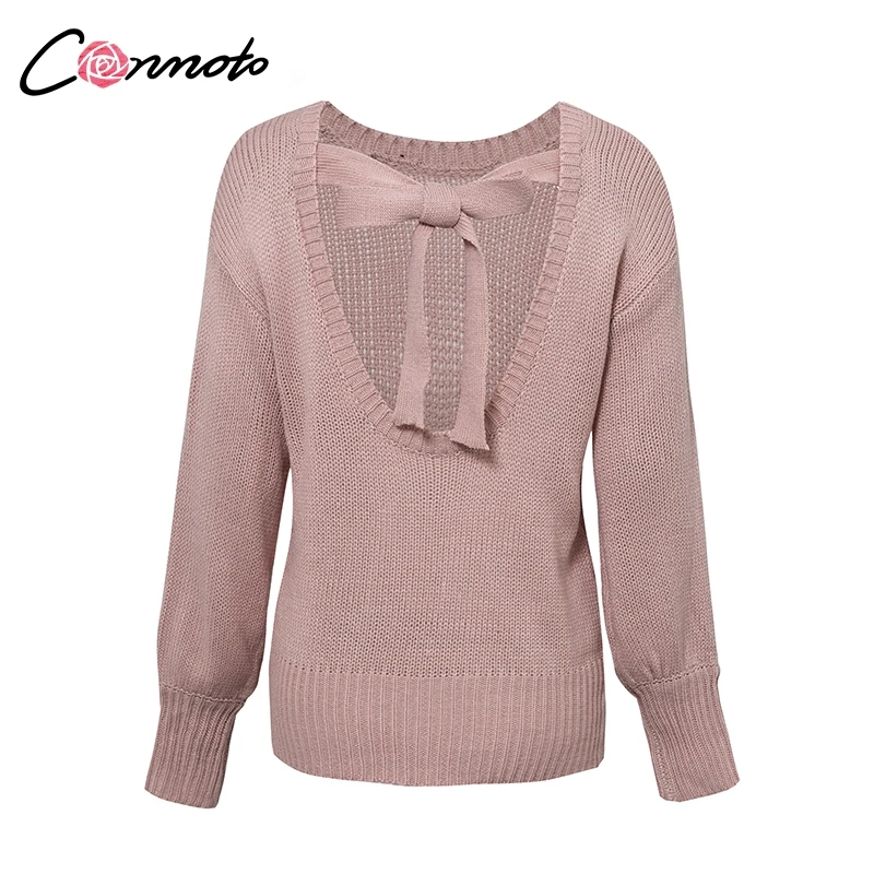 Conmoto Autumn Winter Backless Bow Sweater Women Loose Pullovers Knitted Sweaters Pink Casual Sexy Knitwear Jumpers Plus Size | Женская