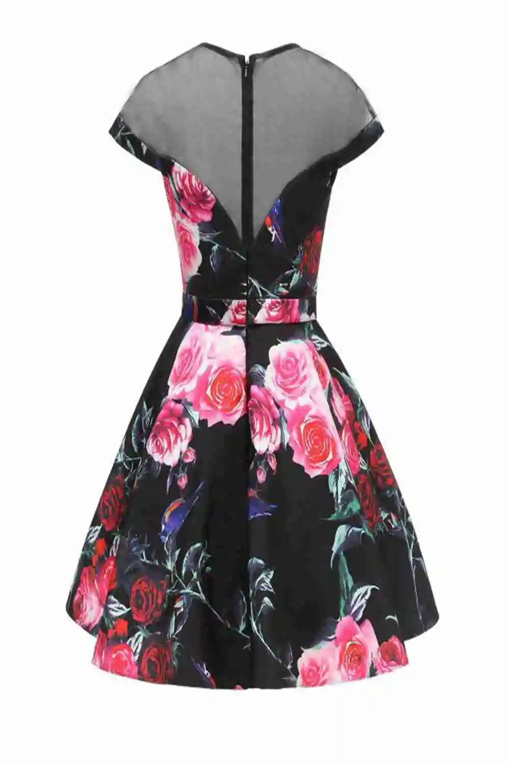 Fashion Pink Rose O-Neck Evening Dresses Flower Print Valentine's Day Dress Short A-Line Black Illusion Tulle Formal Party Gowns | Свадьбы