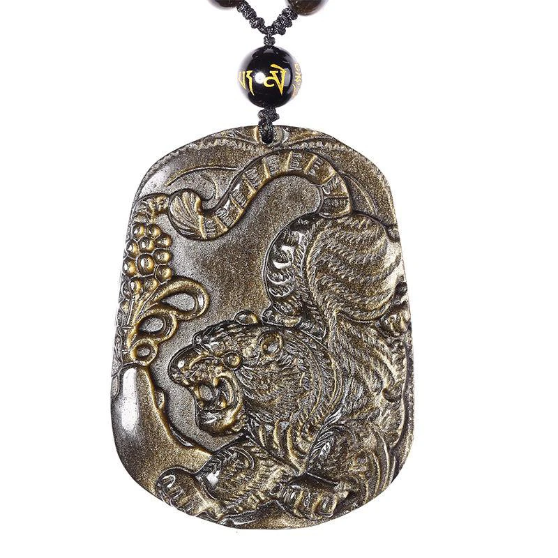 Прямая поставка Золотое обсидиановое ожерелье с тигром подвеска мужские