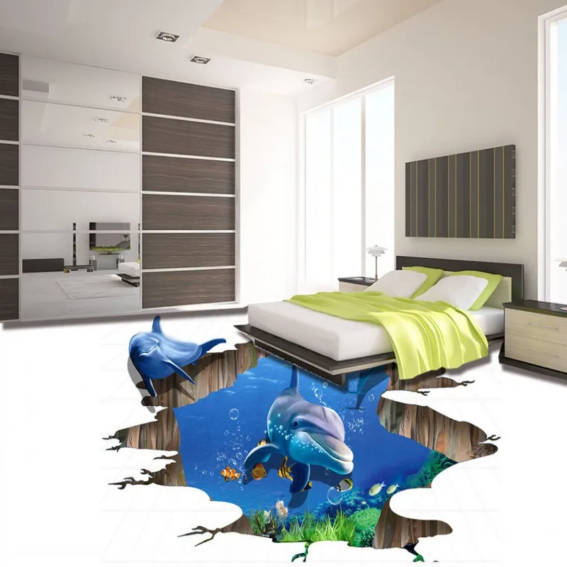 

Free Shipping 3D naked eye underwater world dolphin ground painting photo floor wallpaper mural