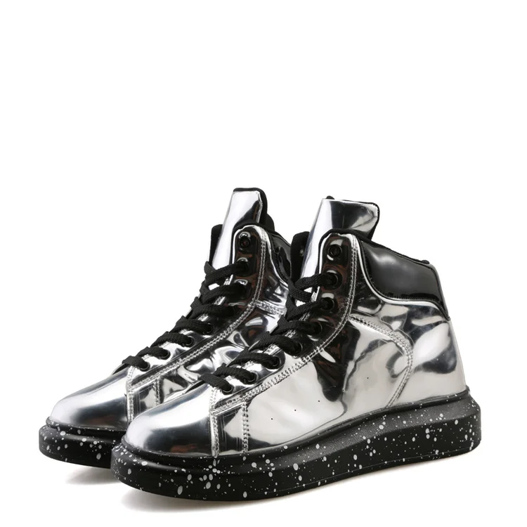 Silver Glossy Hip Hop Punk Shoes Men Dancing Unisex Fashion High Top Flat 2019 Casual Pu Leather Couple Zapatillas Hombre | Обувь