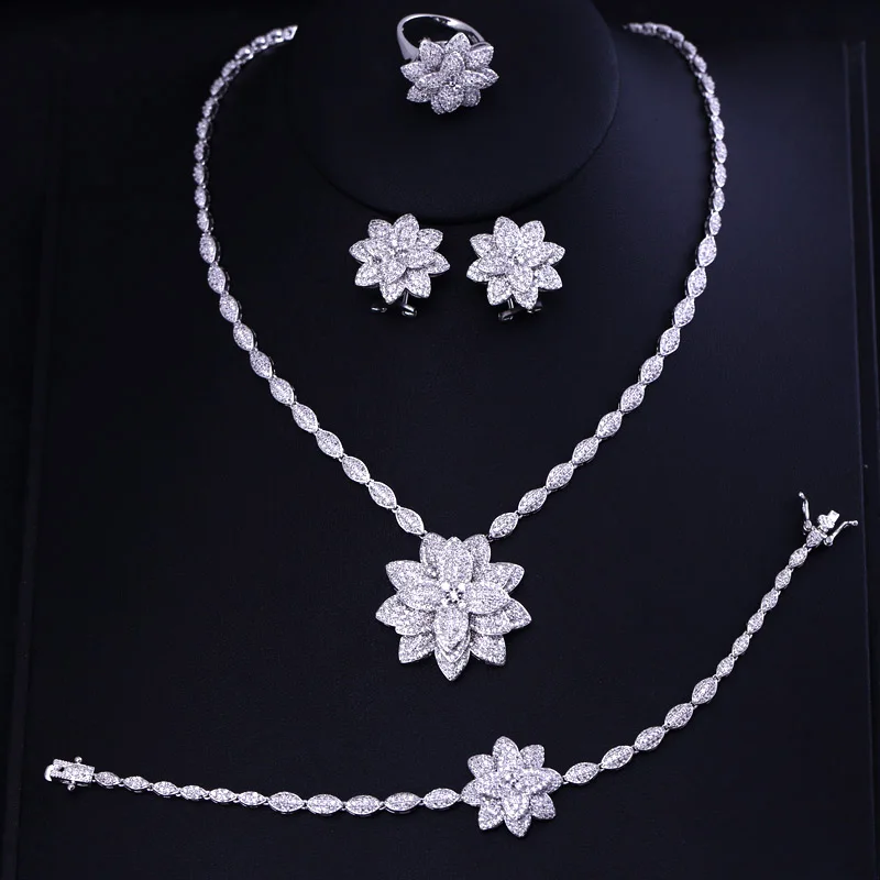 Роскошные белые золото цвет элегантный Форма Свадебный CZ ожерелье серьги