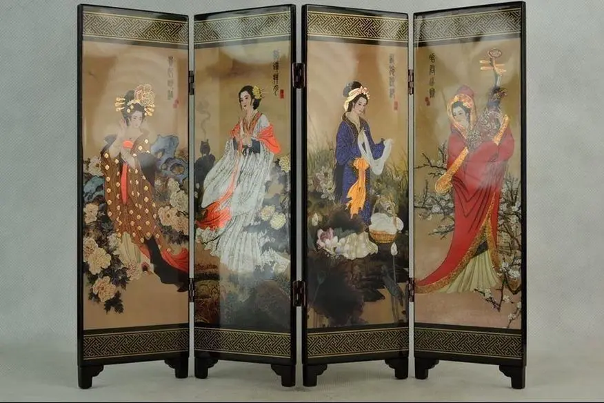 

( Mini ) Beautiful Traditional Chinese lacquer painting four noble beautiful belles folding screen