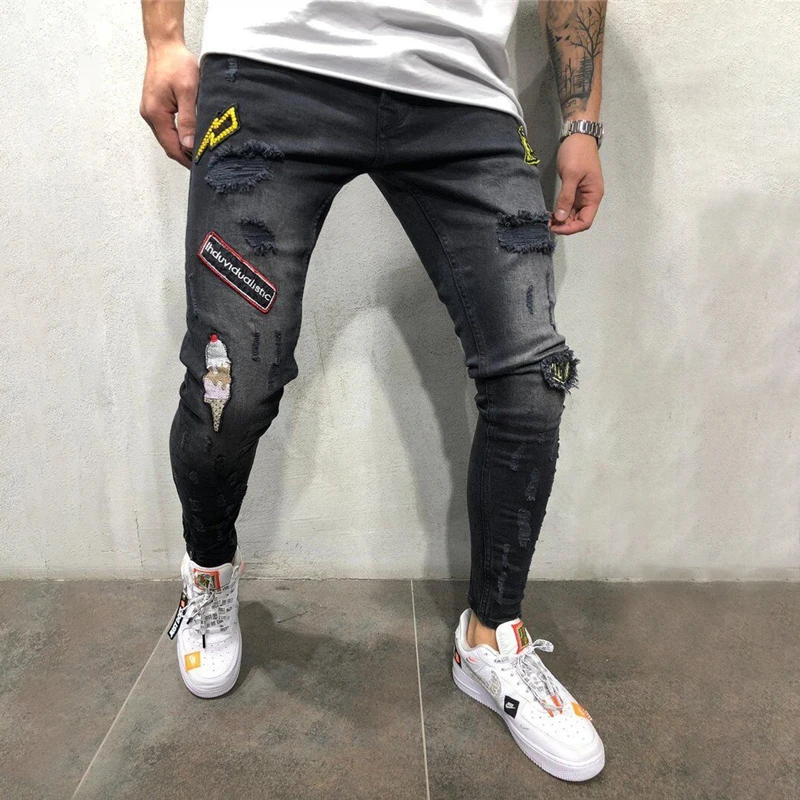 2019 мужские джинсы с вышивкой серые хип-хоп облегающие | Мужская одежда