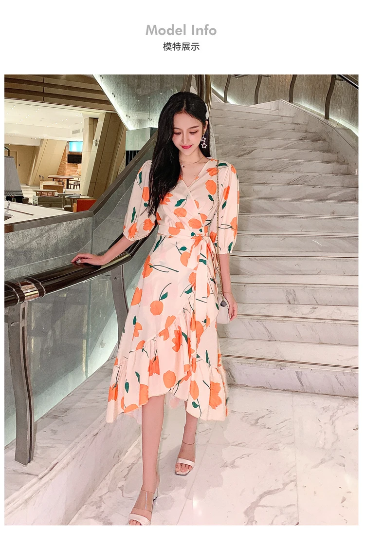 Летнее шифоновое женское платье с цветочным принтом, офисное элегантное женское винтажное пляжное платье для отдыха, тонкое Ретро повседневное корейское подиумное платье
