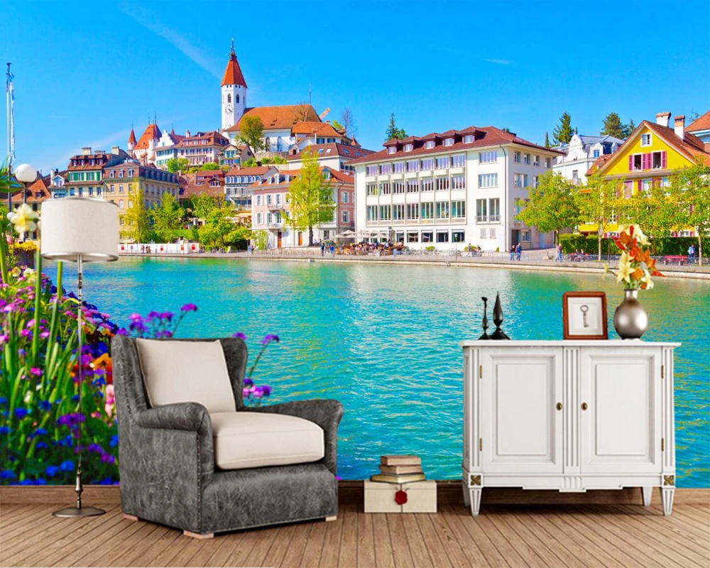 

Papel de pared Switzerland houses River city photo Building wallpaper,living room sofa TV wall bedroom wall paper home decor