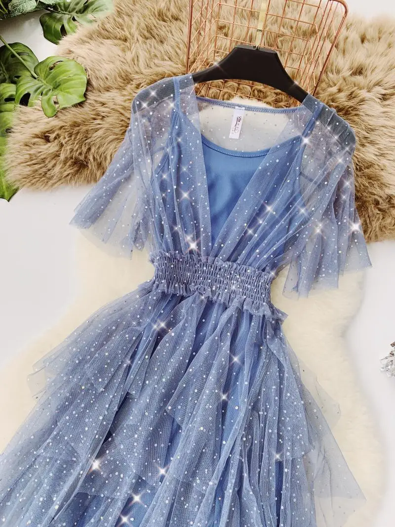 Французский Феи Блестящее платье принцессы с v образным вырезом летнее 2020 новые