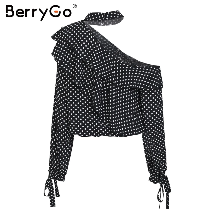 BerryGo блуза на одно плечо в горошек, рубашка, Ретро стиль, с рюшами, рукав-фонарик, шифоновая блузка, сексуальная летняя женская блузка с бантом