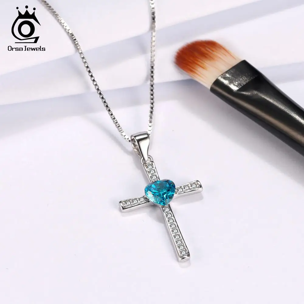 ORSA JEWELS, подлинное 925 пробы Серебряное сердце с подвеской в виде Креста для женщин, ожерелья AAA CZ, Модные женские ювелирные изделия ASN88