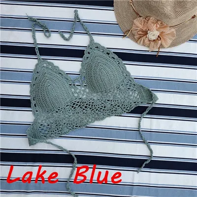 Lake Blue Top Ручной работы крючком кружева вязать бюстгальтер купальники пляж пуш-ап бикини набор Холтер Cami Tank Crop Top - Цвет: Lake Blue Top