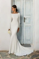 elegant white stain mermaid wedding dresses long sleeves bridal gown vestido de noiva sweep brush train wedding gown
