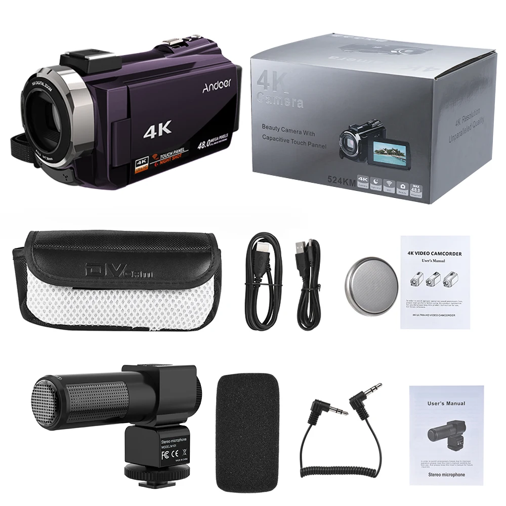 Andoer Цифровая видеокамера 4K 1080P 48MP WiFi регистратор с внешним микрофоном Novatek