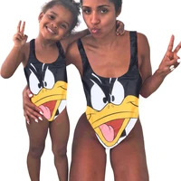 family swimwear matching outfits mom and daughter swimsuits one piece bathing suits yellow black duck print swimming beachwear
