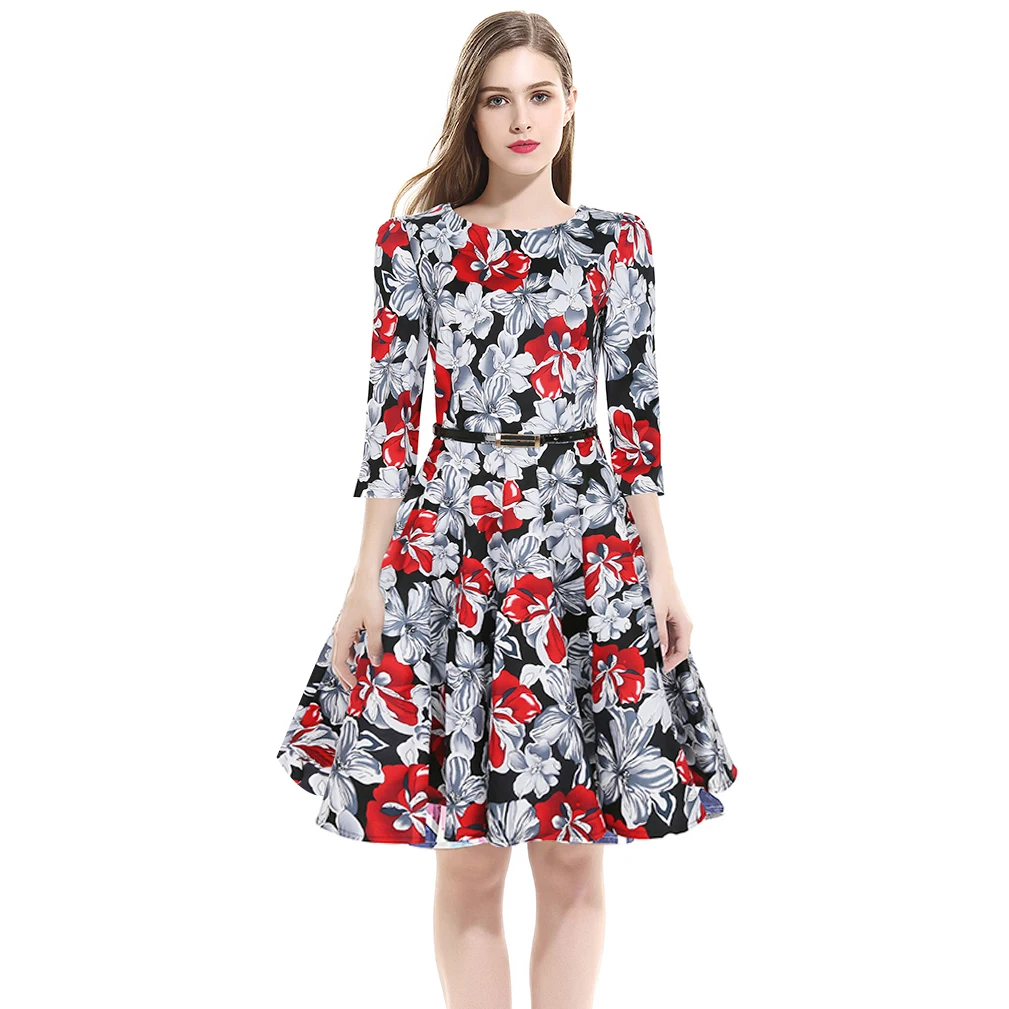 Работа Dress Женщины Нью 2017 Весна Цветочные Свинг Платья Elegent Черный vestidos Плюс