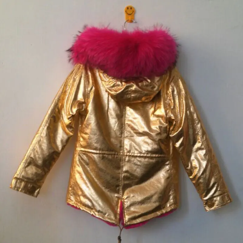 Short style hot pink red faux fur lining warming jacket with gold leather outside coat | Мужская одежда