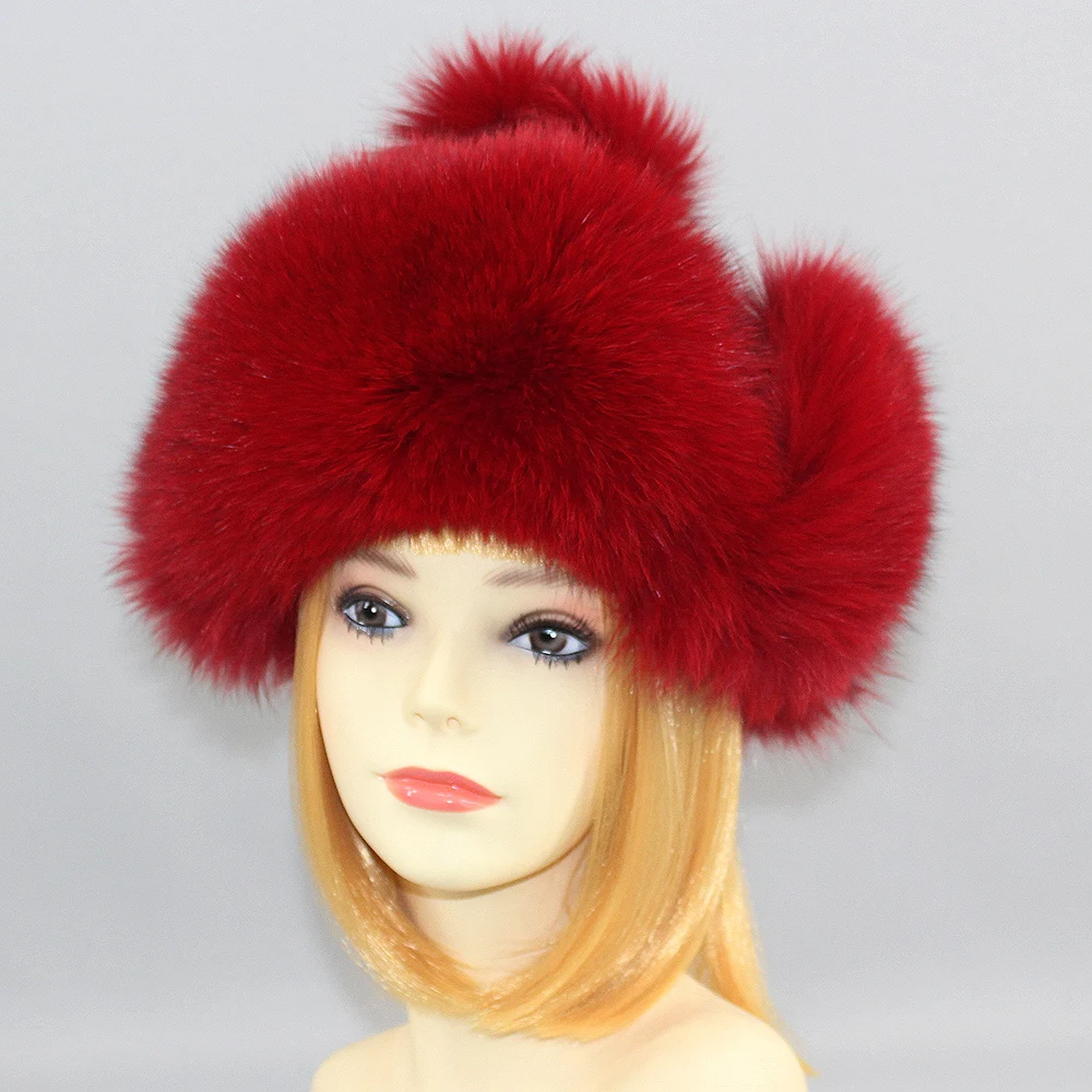 Hot Sale Natural Fox Fur Hat Women Thick Warm Real Fox Fur Cap Winter Fox Fur Bomber Hat Free Shipping