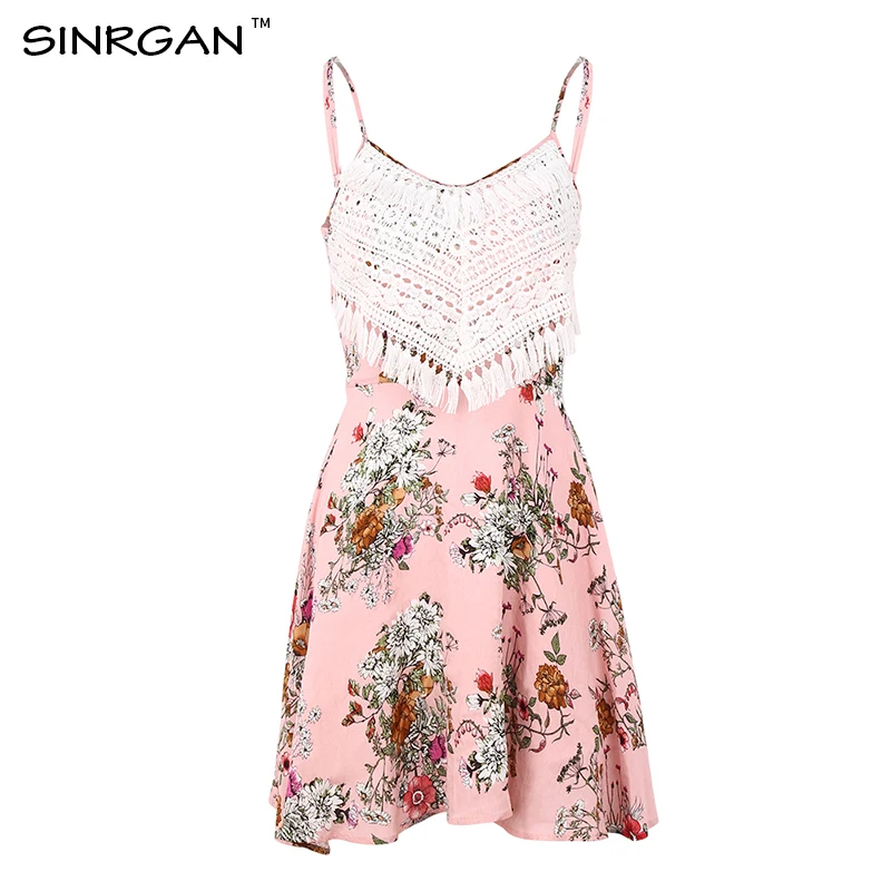 SINRGAN Boho Флора печати в этническом стиле летнее платье майка без рукавов с