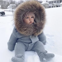 luxury baby knitted racoon fur collar jumpsuits hooded baby girl clothes winter bebe rompers boys girls infant onesie vintage
