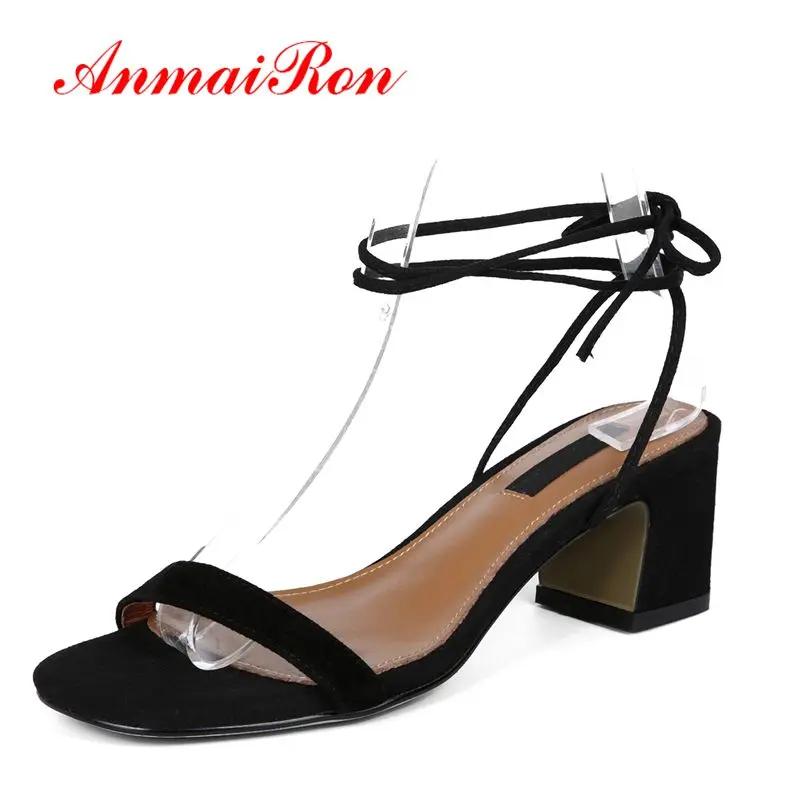 

ANMAIRON Genuine Leather Basic Lace-Up Women Sandals Summer 2018 High Heel Casual Fashion Women Shoes Size 33-40 LY1491