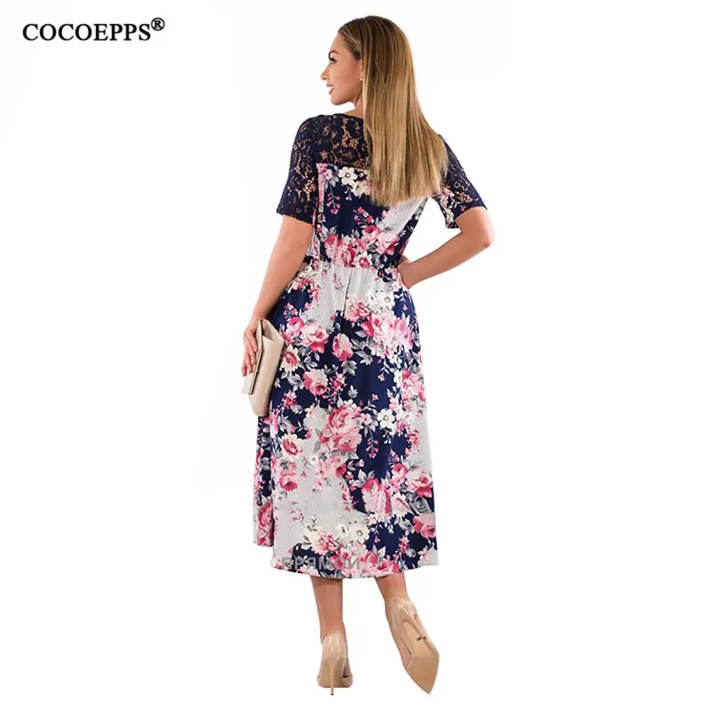 COCOEPPS Women Large Size Lace Floral Print Dress Ladies O Neck Summer Vintage Dresses Big Casual Loose Vestidos | Женская одежда