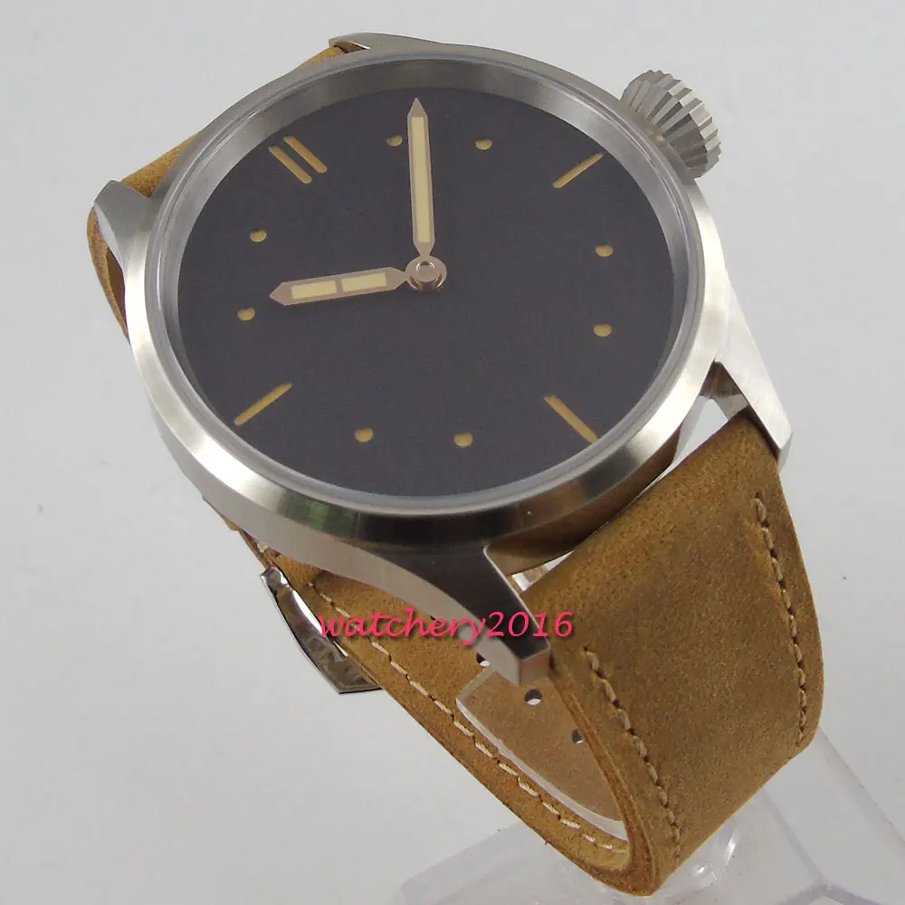 Механические Мужские часы Parnis черный стерильный корпус из нержавеющей стали с