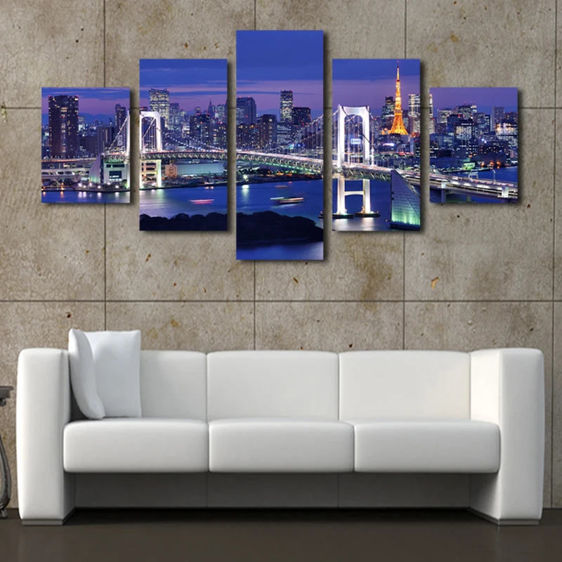 КУАДРОС (без рамки) с изображением ночного города и мост 5 панелей/комплект