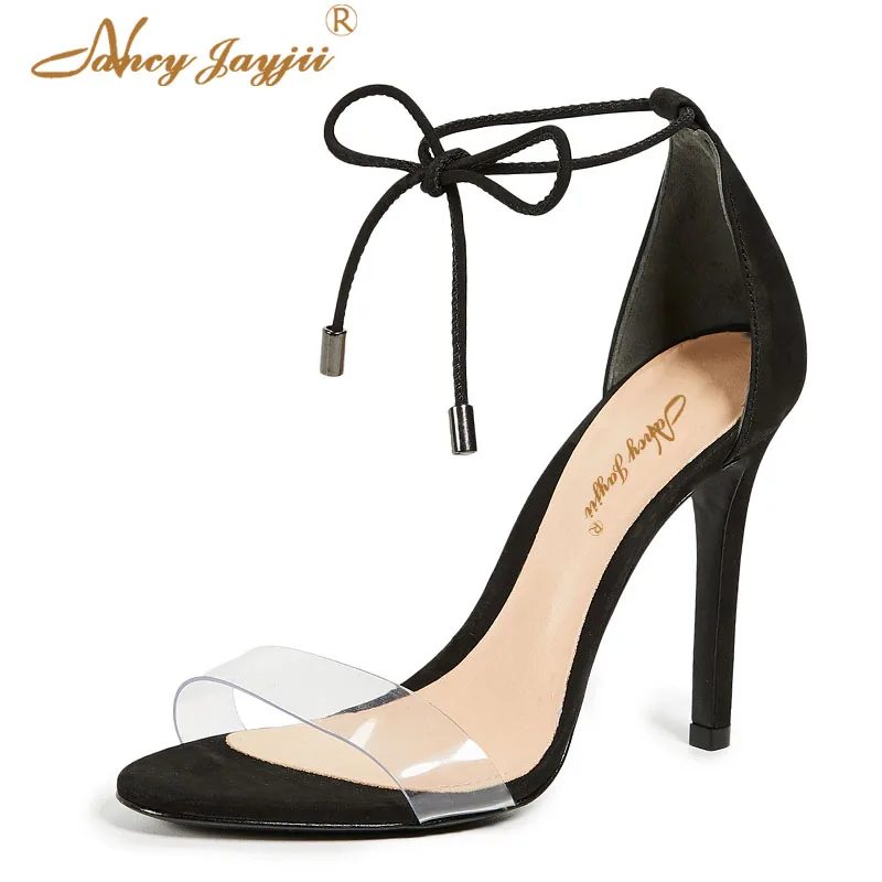 

Nancyjayjii Black Pvc Sandals 2021 Summer Women’S Office Party Lace-Up Casual Super Stiletto Heels Ladies Cover Heel Shoes