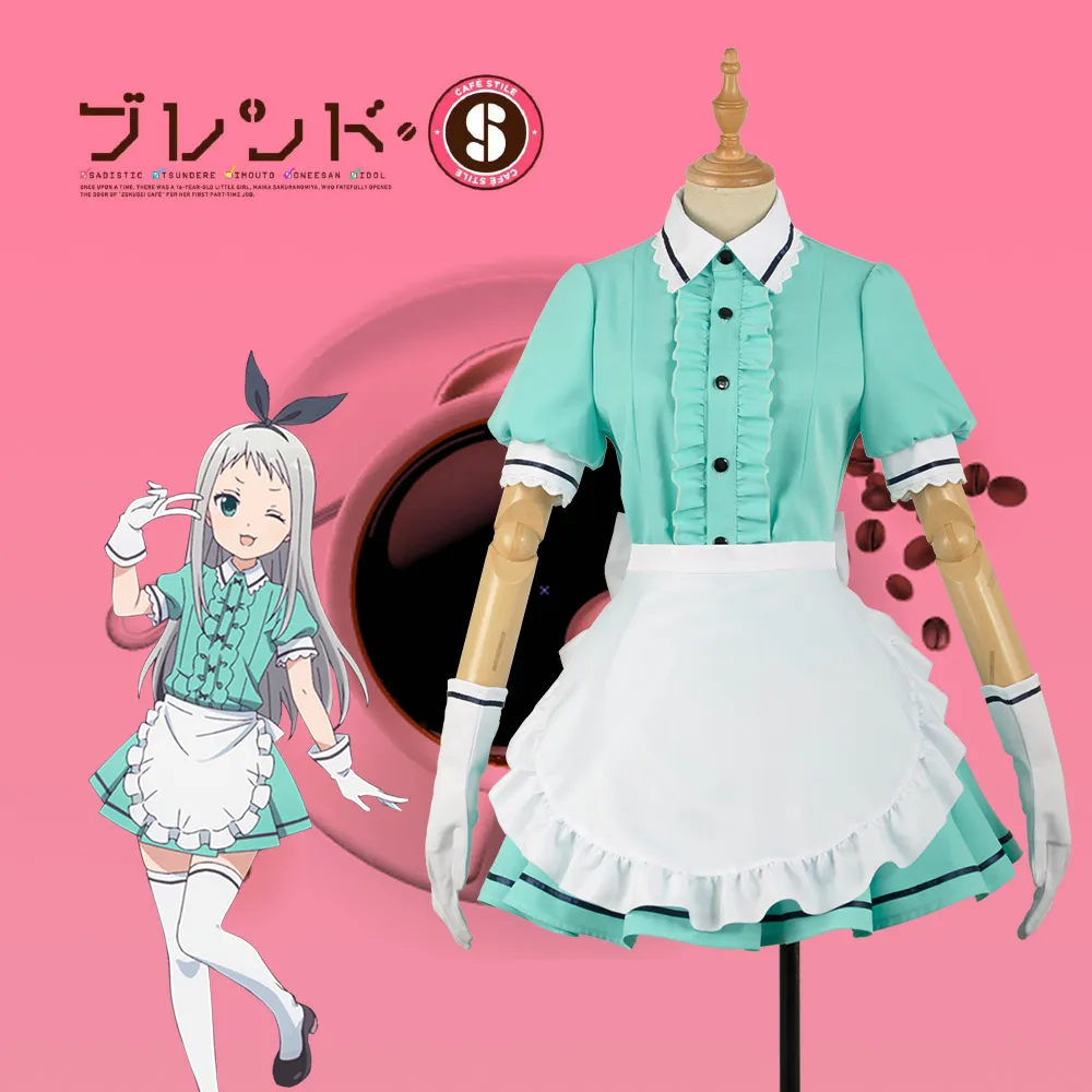 

Blend S Burendo Esu Kanzaki Hideri Green Cos Women Skirt Lady Apron Maid Servant Cosplay Costume Adult Outfit Clothing Dress