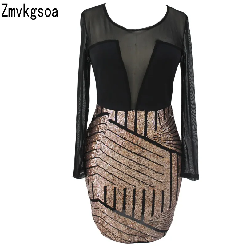 Zmvkgsoa Bodycon платья девушки осень 2018 пикантные сетчатые золотые блестки Нижняя Мини