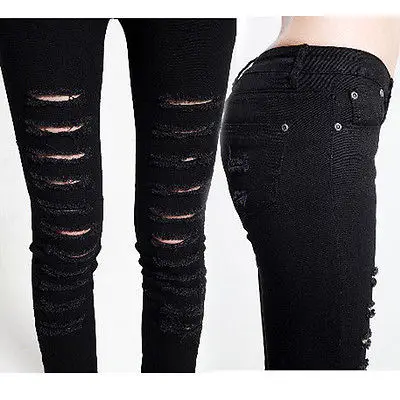 Womens New Cut Out Ripped Punk Skinny 