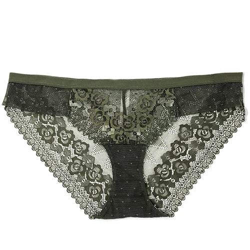 Dark Green Цветные сексуальные кружевные женские трусики, прозрачные трусики, красивое нижнее белье, кружевные трусики с цветочным узором, низкая посадка - Цвет: Dark Green