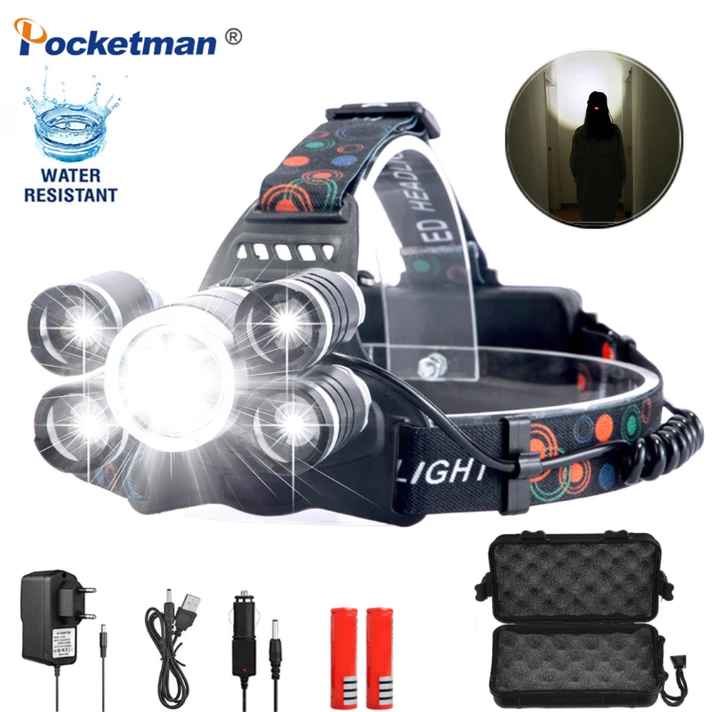 Pocketman светодиодный налобный фонарь Водонепроницаемый T6 налобный фонарь с аккумулятором 18650
