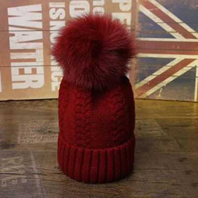 Children Claret Модные новые помпоны из лисьего меха и норки, 15 см, Skullies Beanies, шапки для женщин и детей, зимние однотонные шерстяные теплые шапки Skullies Beanies - Цвет: Children Claret