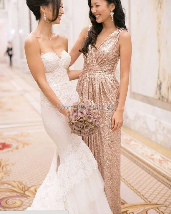 2017 В Шеи платье de festa Блестками Maid Of Honor Золото Blingbling Длинные Платья Невесты |